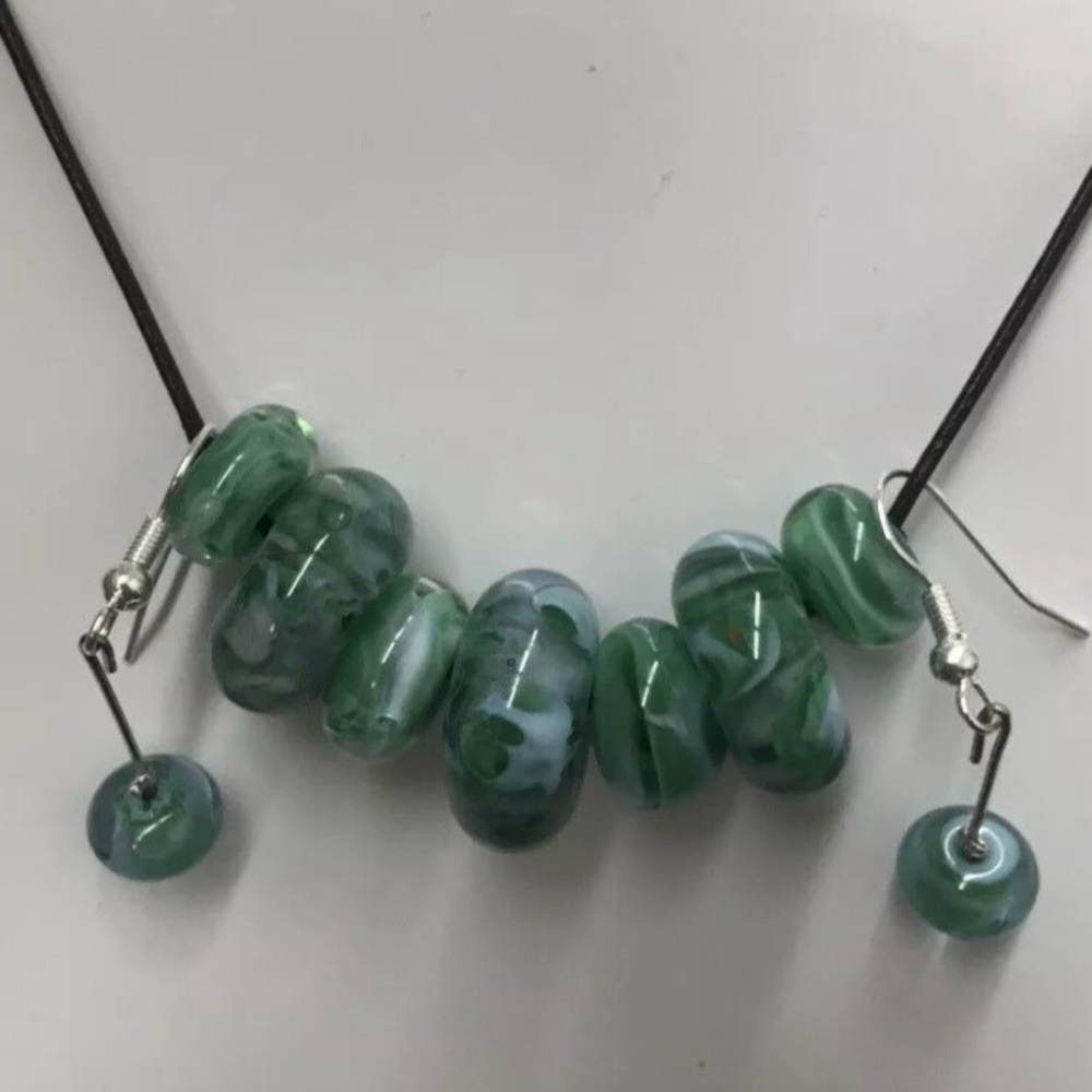 New hand blown green glass beaded earrings and necklace